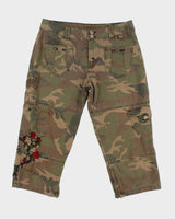 Y2k 00s Camouflage Embroidered Studded Capri Cropped Trousers - W32