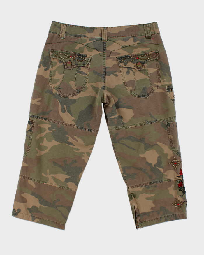 Y2k 00s Camouflage Embroidered Studded Capri Cropped Trousers - W32