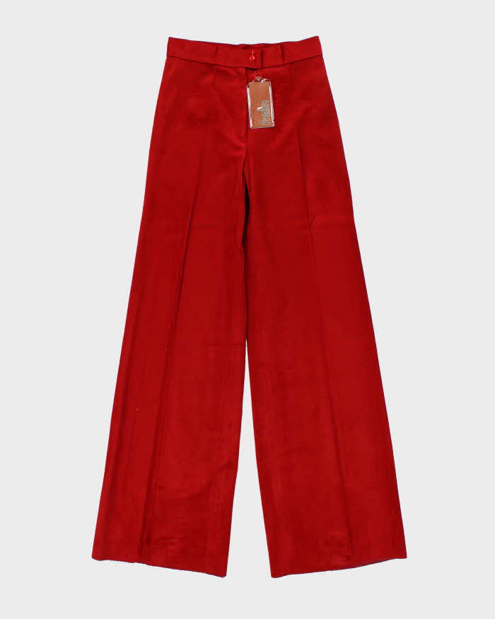 DSWT Vintage 1970s Women's Red Velour High Waisted Flared Trousers - W26 L33