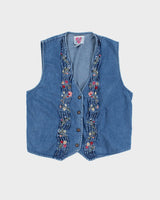 Vintage 90s Keren Hart Floral Embroidered Denim Waistcoat - L
