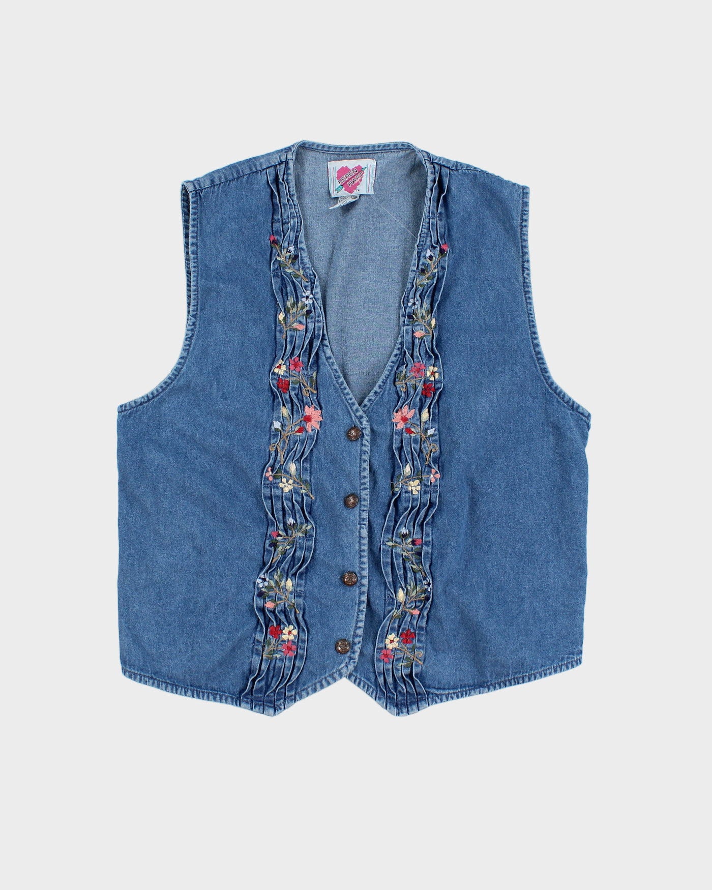 Vintage 90s Keren Hart Floral Embroidered Denim Waistcoat - L