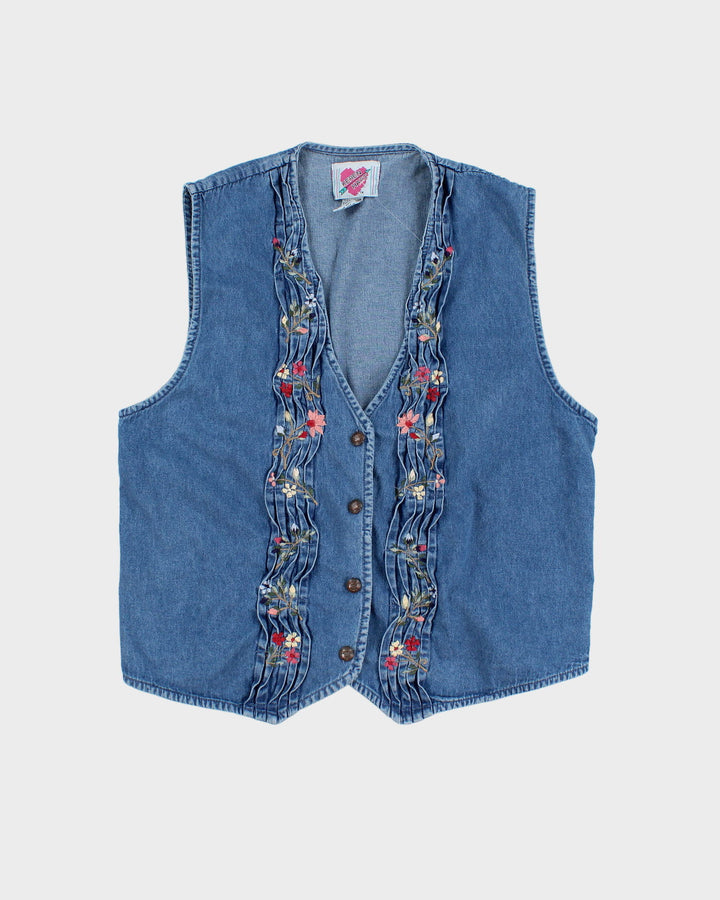 Vintage 90s Keren Hart Floral Embroidered Denim Waistcoat - L