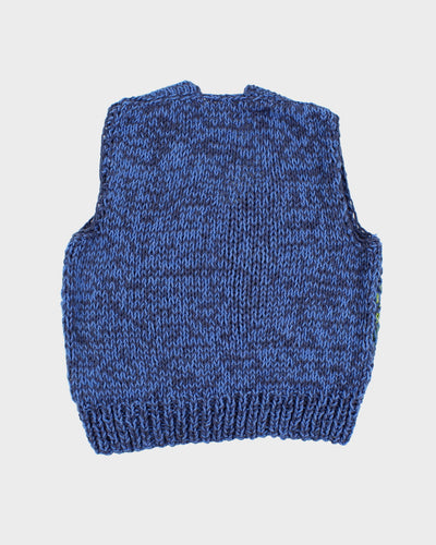 Womens Hand Knit Blue Patterned Vest - M