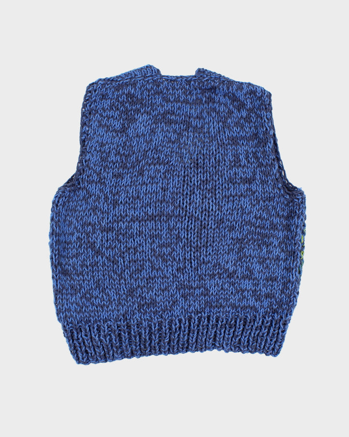 Womens Hand Knit Blue Patterned Vest - M