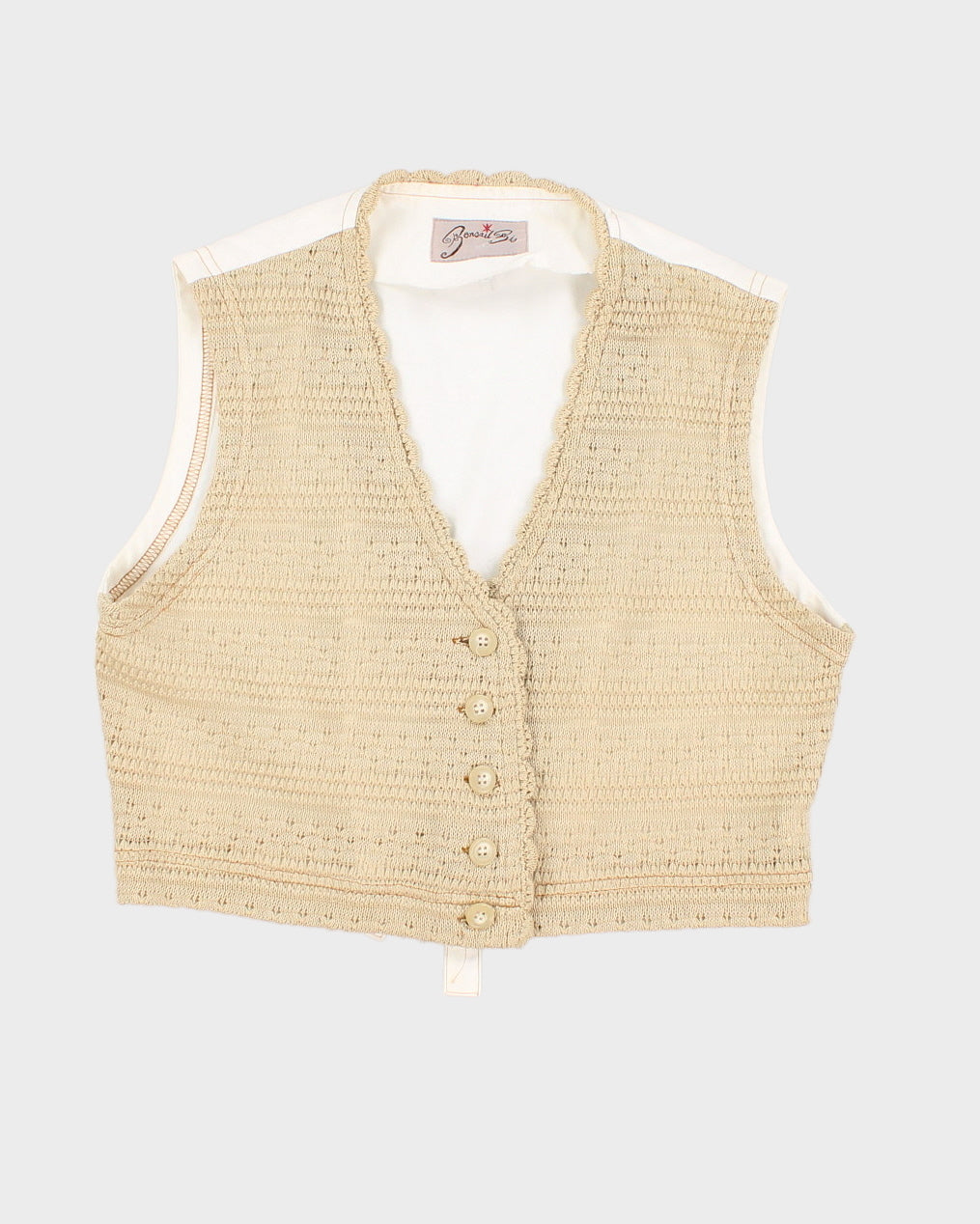 Womens Beige and White Crochet Vest - S