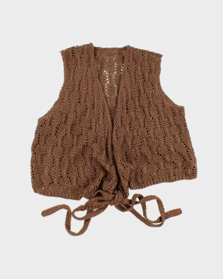 Womens Brown Crochet Knit Tie-Up Vest - S