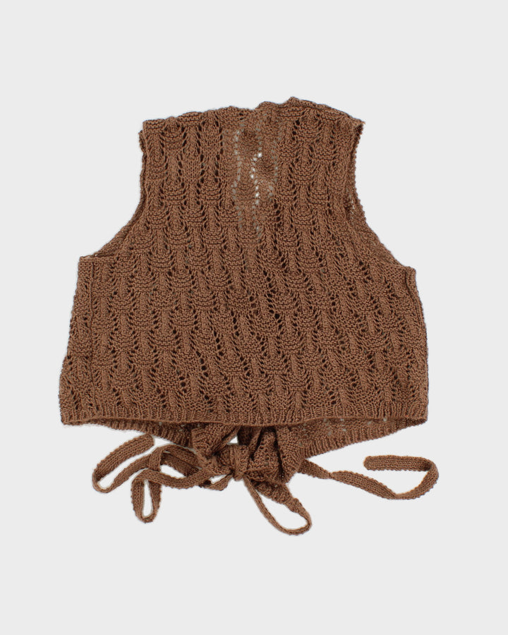 Womens Brown Crochet Knit Tie-Up Vest - S