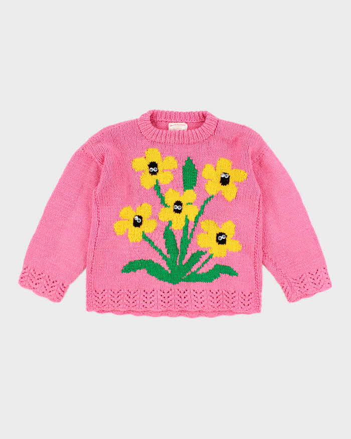 Vintage Handmade Pink Googly Eye Knit Jumper - Youth L