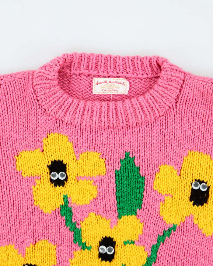 Vintage Handmade Pink Googly Eye Knit Jumper - Youth L