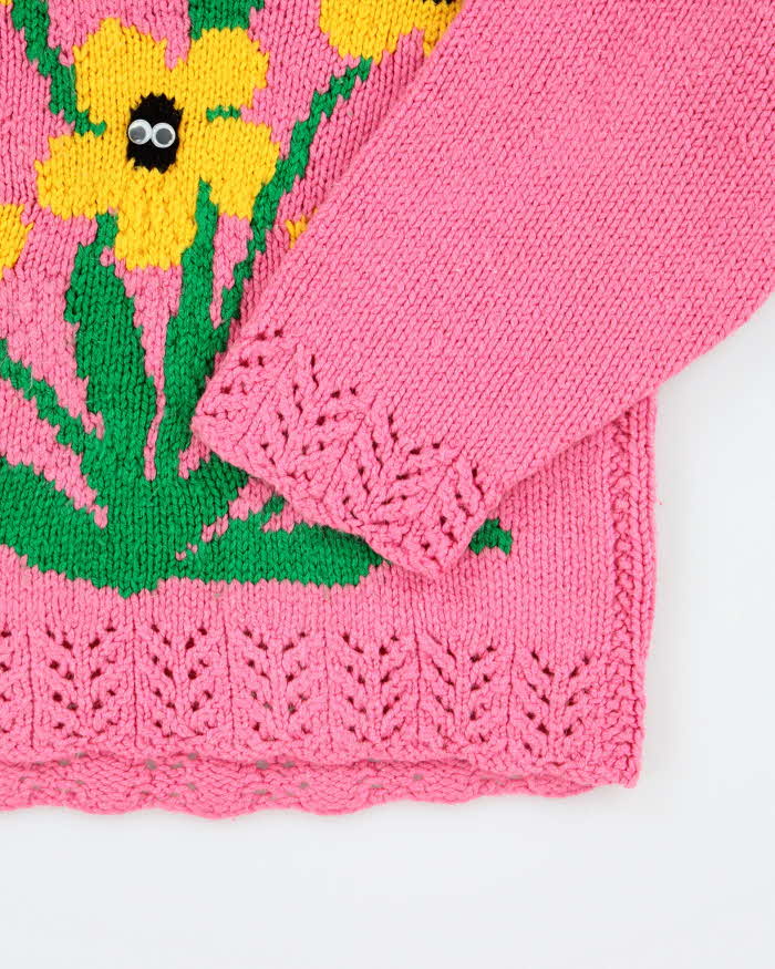 Vintage Handmade Pink Googly Eye Knit Jumper - Youth L