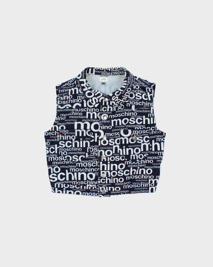 Vintage 1996 Moschino 'Off Key' Print Sleeveless Denim Jacket - Youth XL