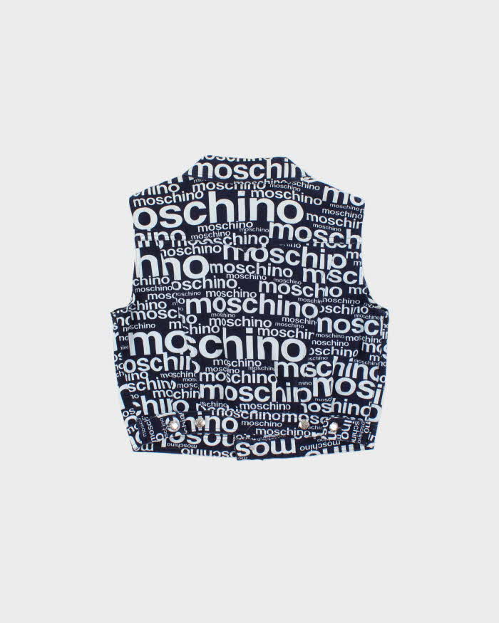 Vintage 1996 Moschino 'Off Key' Print Sleeveless Denim Jacket - Youth XL