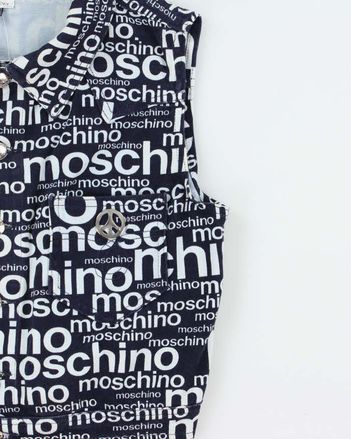 Vintage 1996 Moschino 'Off Key' Print Sleeveless Denim Jacket - Youth XL