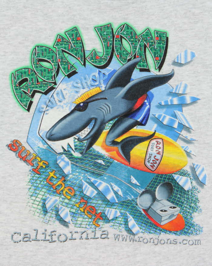 Vintage 1995 Ron Jon Surf Shop Marl Grey Anvil Made In USA Single Stitch Crewneck T-Shirt - Youth XL