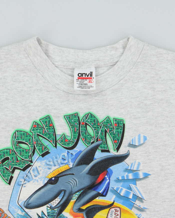 Vintage 1995 Ron Jon Surf Shop Marl Grey Anvil Made In USA Single Stitch Crewneck T-Shirt - Youth XL