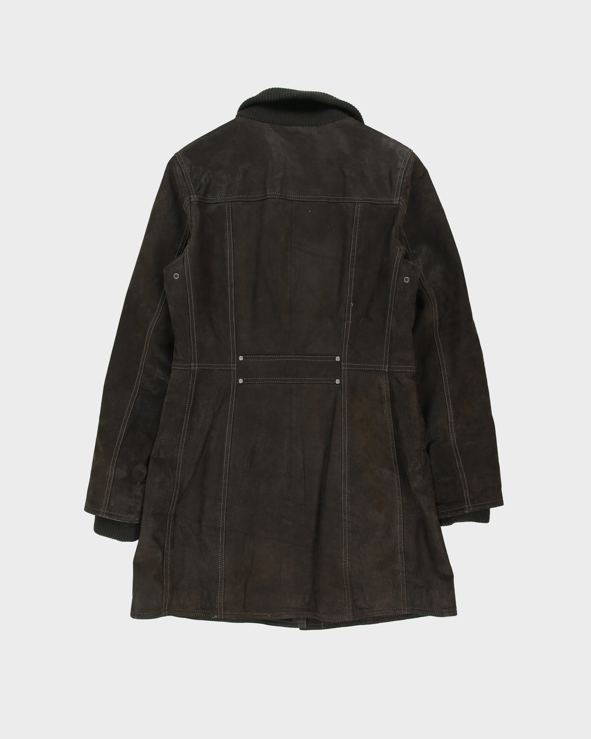 Vintage Y2K 00s Danier Women's Brown Suede Quilt Lined Contrast Stitch Funnel Neck Overcoat - M