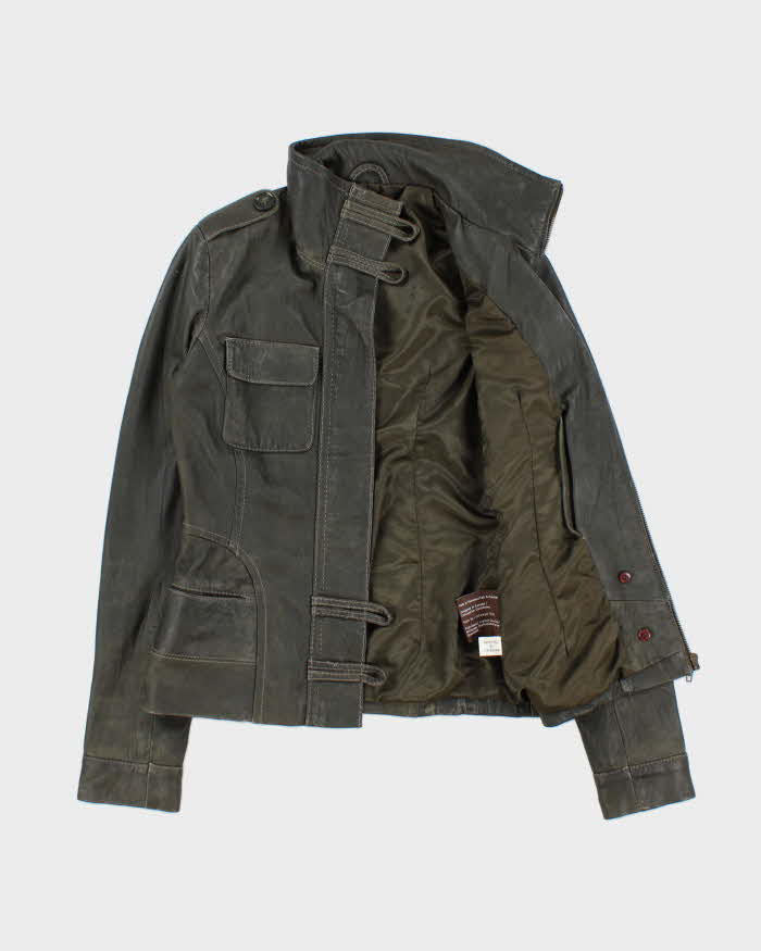 Vintage Y2K 00s Danier Women's Moss Green Contrast Stitch Leather Moto Jacket - XS
