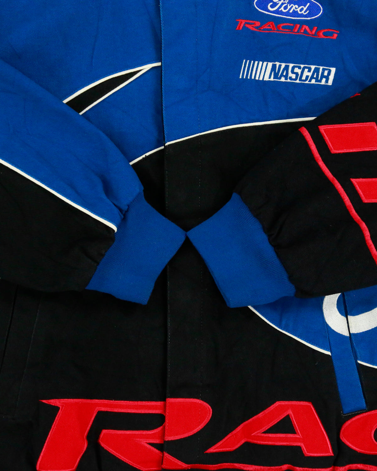 Vintage Y2K 00s Checkered Flag Ford Racing Embroidered Canvas Nascar Bomber Jacket - L