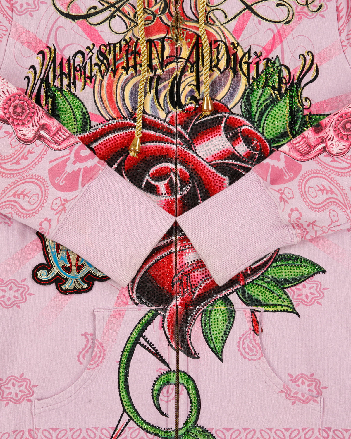 Vintage Y2K 00s Christian Audigier Women's Baby Pink With Love Rhinestone Embellished Long Fit Zip-Up Hoodie - M