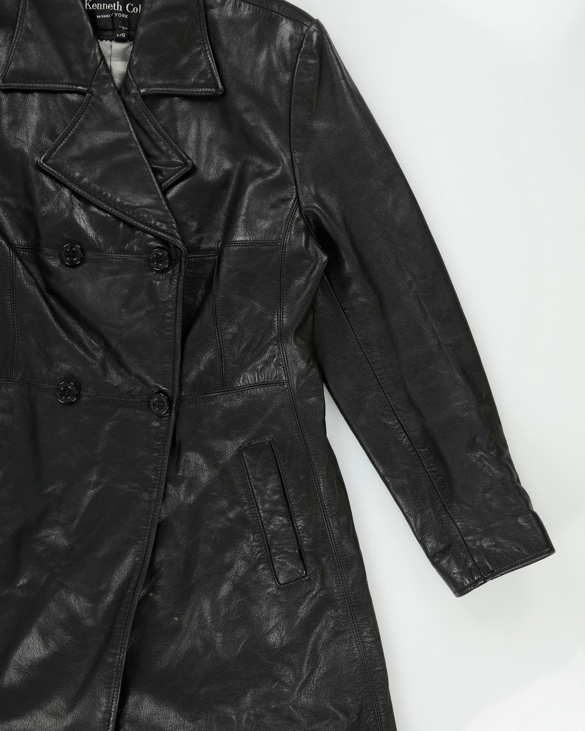 Vintage Y2K 00s Kenneth Cole NY Women's Leather Double Breasted Mid Length Trench Coat - L
