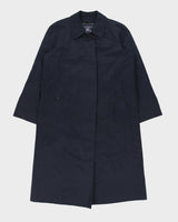 Vintage 1990s Burberry Women's Navy Made In England Nova Check Lined Long Canvas Mac - M