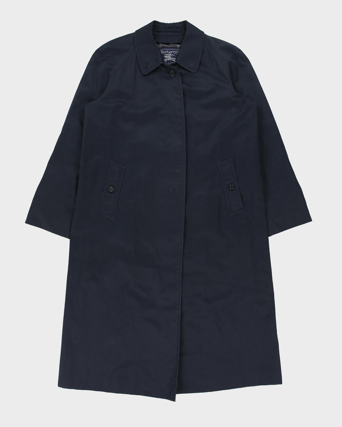 Vintage 1990s Burberry Women's Navy Made In England Nova Check Lined Long Canvas Mac - M