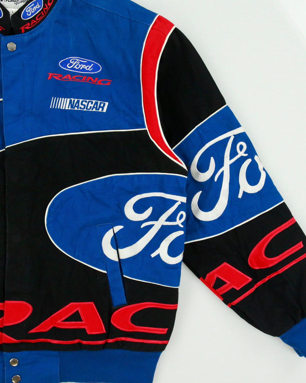 Vintage Y2K 00s Checkered Flag Ford Racing Embroidered Canvas Nascar Bomber Jacket - L