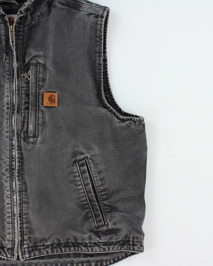Vintage Carhartt 101 BLK Duck Canvas Fleece Lined Hooded Workwear Vest - L