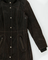 Vintage Y2K 00s Danier Women's Brown Suede Quilt Lined Contrast Stitch Funnel Neck Overcoat - M