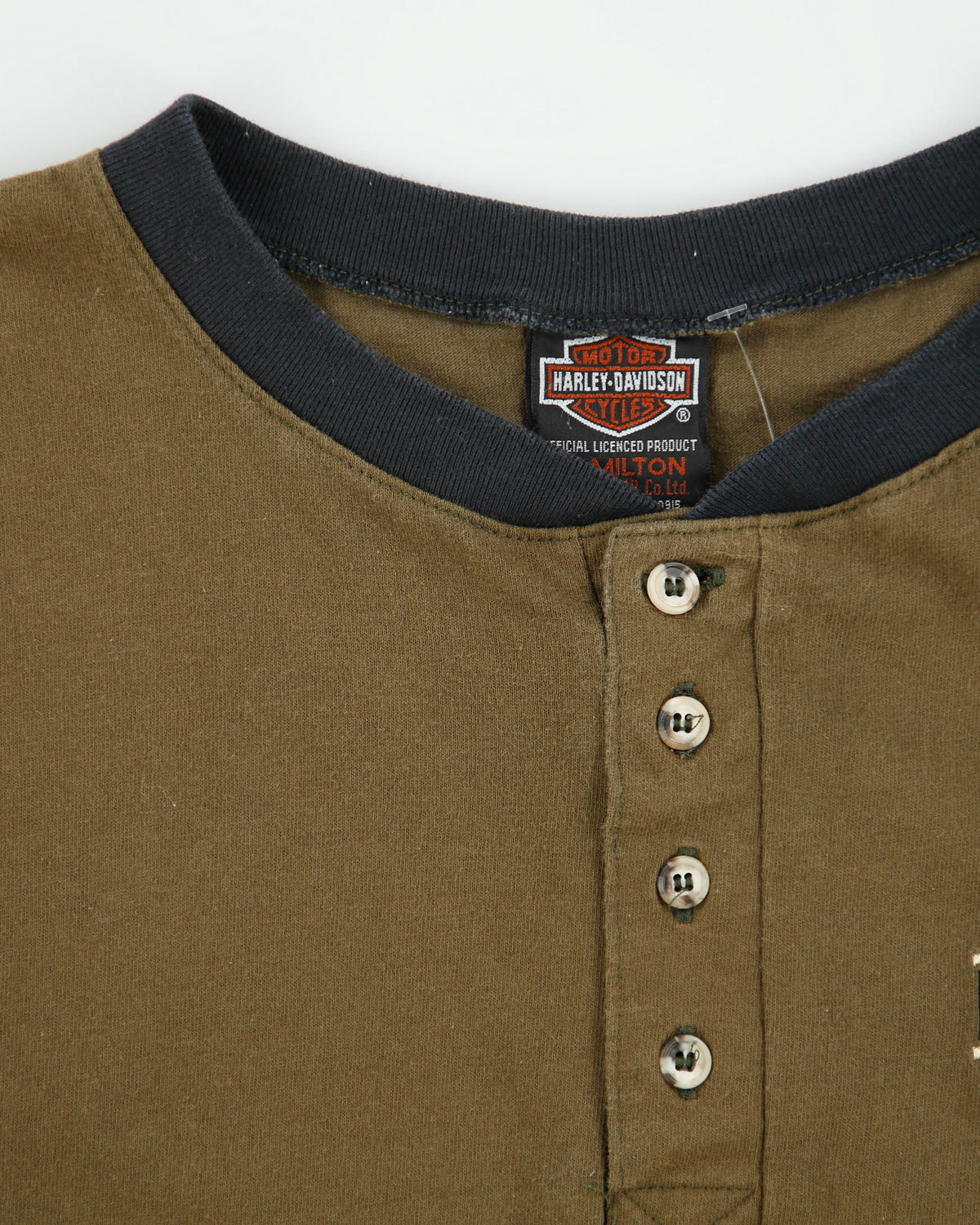 Vintage Y2K 00s Harley Davidson Khaki Made In America Heavyweight Embroidered Crewneck Henley T-Shirt - M