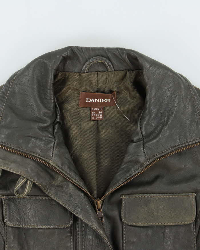 Vintage Y2K 00s Danier Women's Moss Green Contrast Stitch Leather Moto Jacket - XS