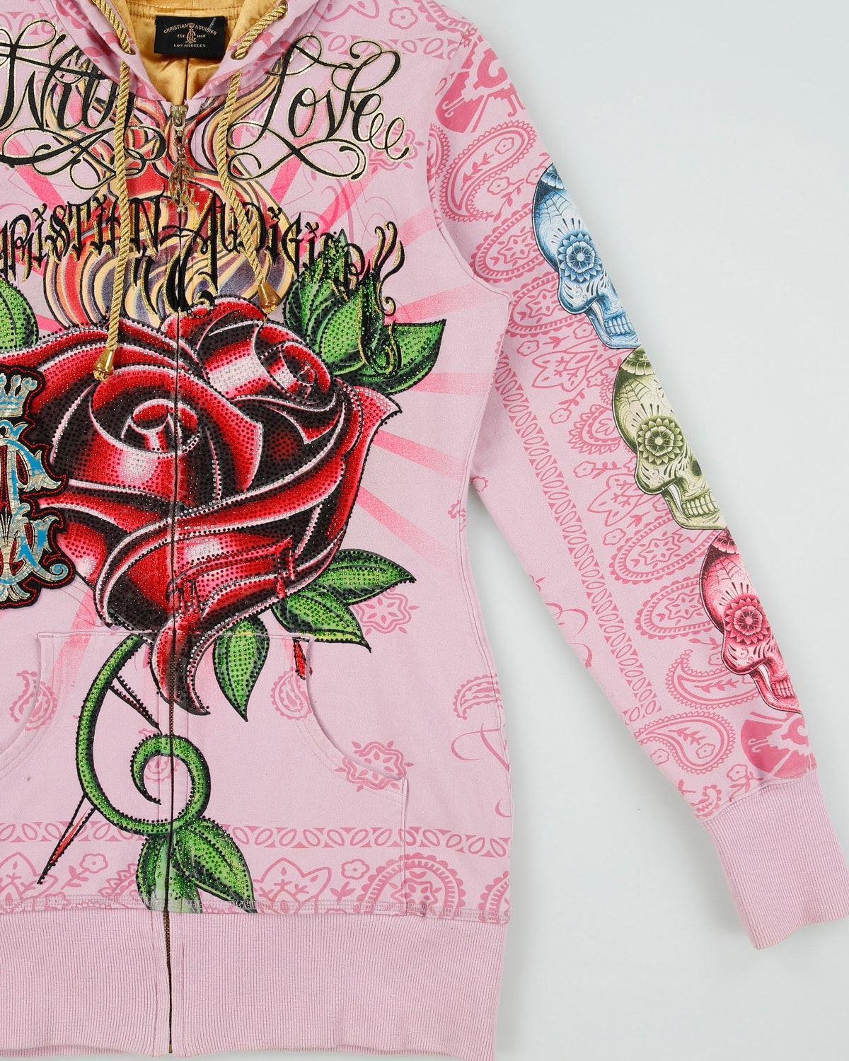 Vintage Y2K 00s Christian Audigier Women's Baby Pink With Love Rhinestone Embellished Long Fit Zip-Up Hoodie - M