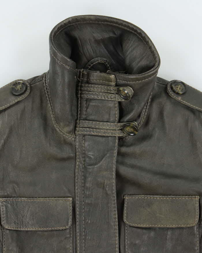 Vintage Y2K 00s Danier Women's Moss Green Contrast Stitch Leather Moto Jacket - XS