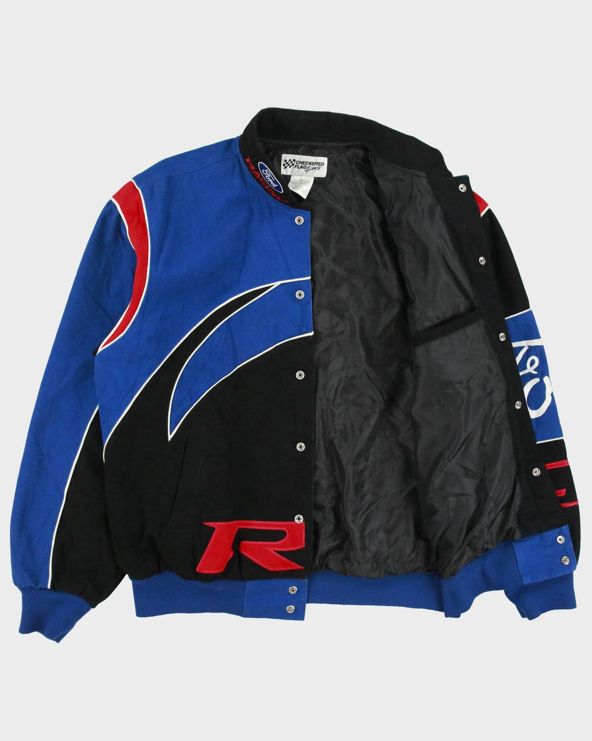 Vintage Y2K 00s Checkered Flag Ford Racing Embroidered Canvas Nascar Bomber Jacket - L