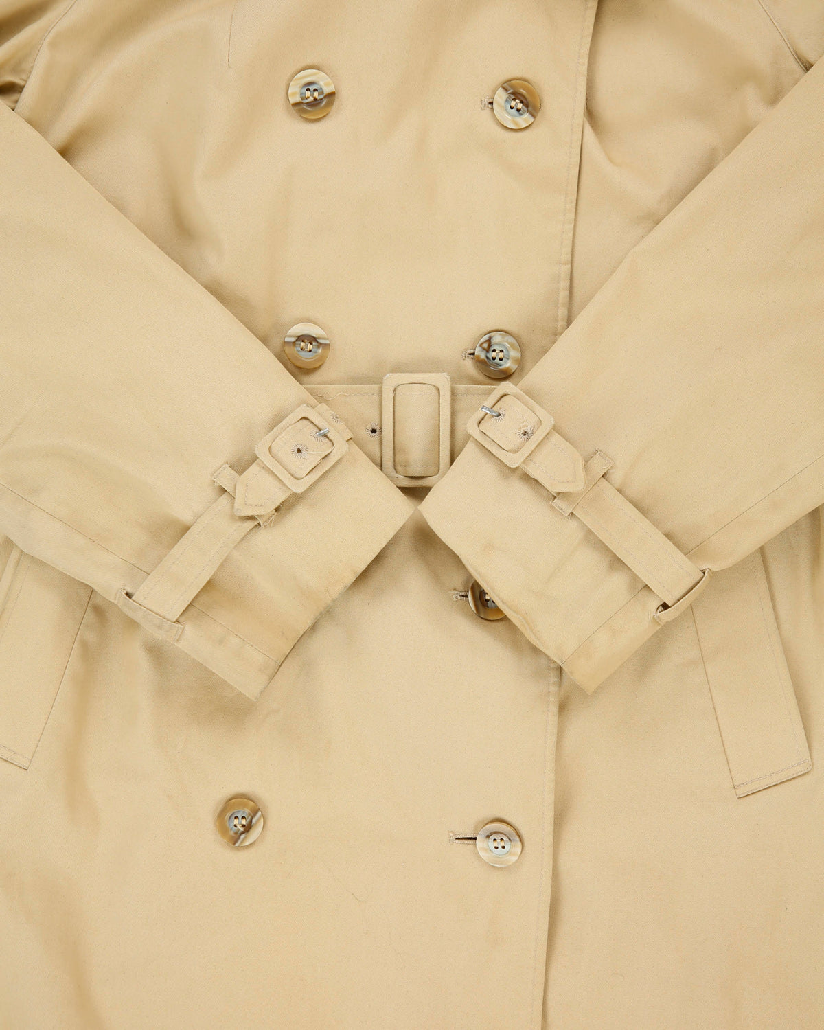 Vintage 1970s Aquascutum Women's Khaki Made In America Aqua 5 Waterproof Canvas Double Breasted Trench Coat - L