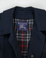 Vintage 1990s Burberry Women's Navy Made In England Nova Check Lined Long Canvas Mac - M
