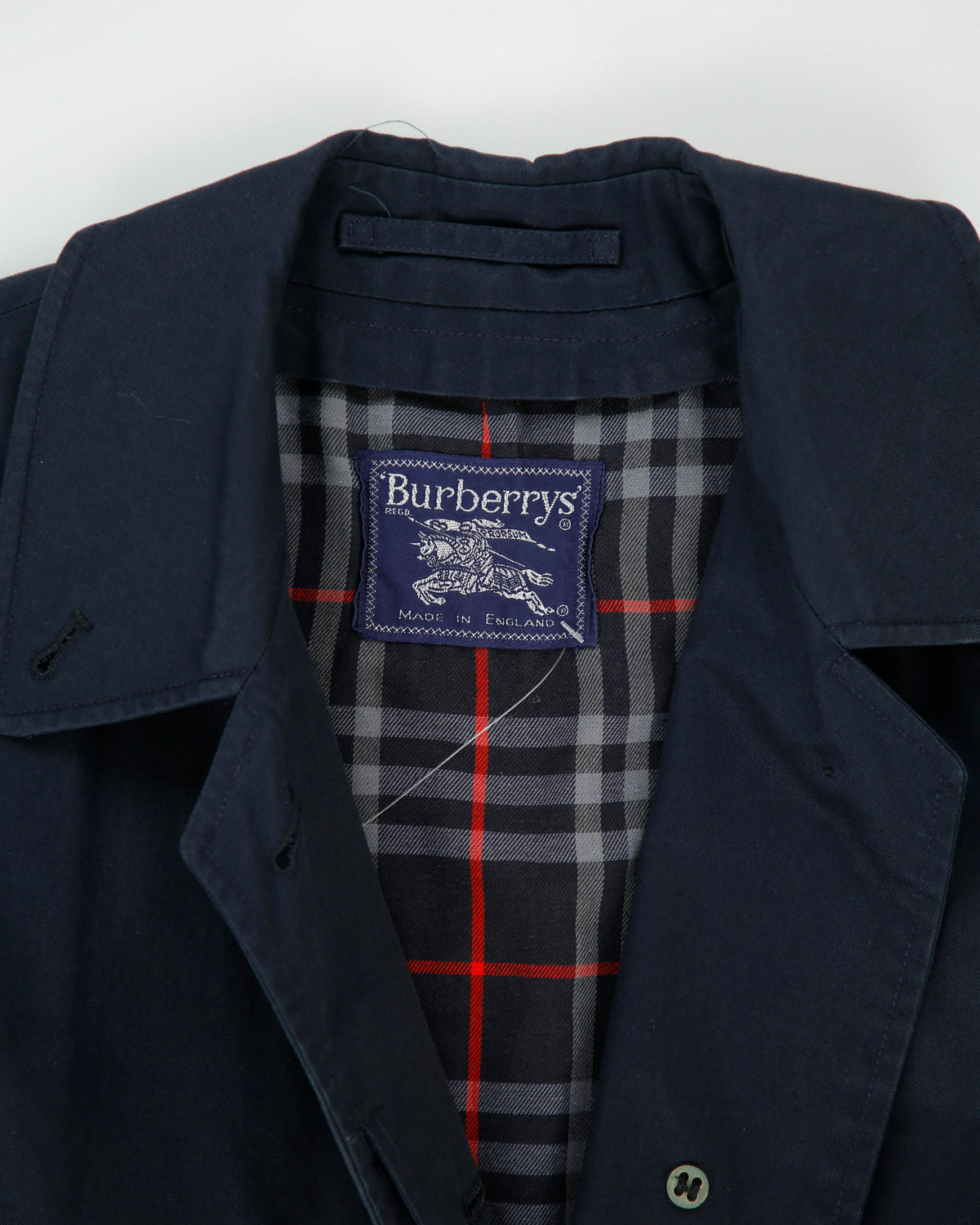 Vintage 1990s Burberry Women's Navy Made In England Nova Check Lined Long Canvas Mac - M