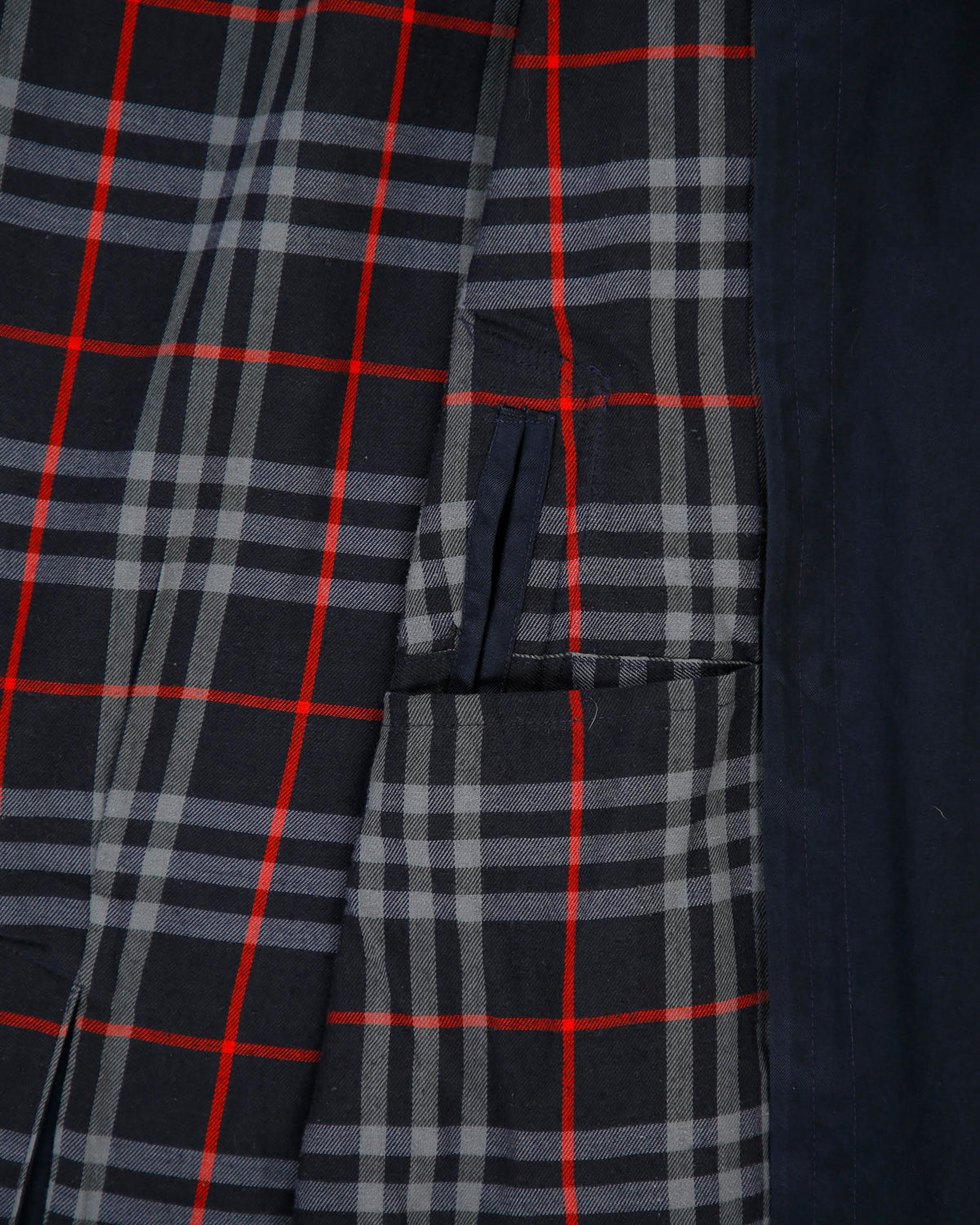 Vintage 1990s Burberry Women's Navy Made In England Nova Check Lined Long Canvas Mac - M