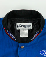 Vintage Y2K 00s Checkered Flag Ford Racing Embroidered Canvas Nascar Bomber Jacket - L