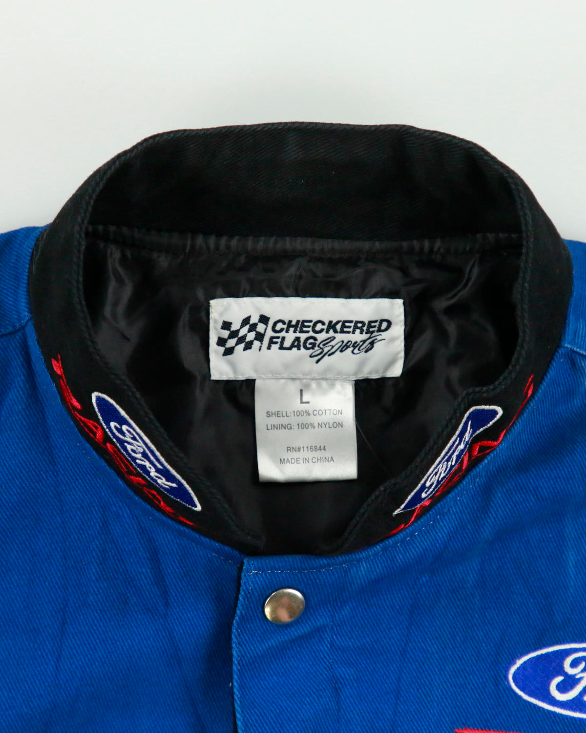 Vintage Y2K 00s Checkered Flag Ford Racing Embroidered Canvas Nascar Bomber Jacket - L