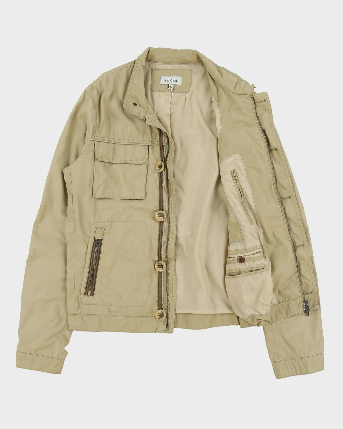 Vintage Y2K 00s Le Chateau Khaki Shell Cafe Racer Moto Jacket - S