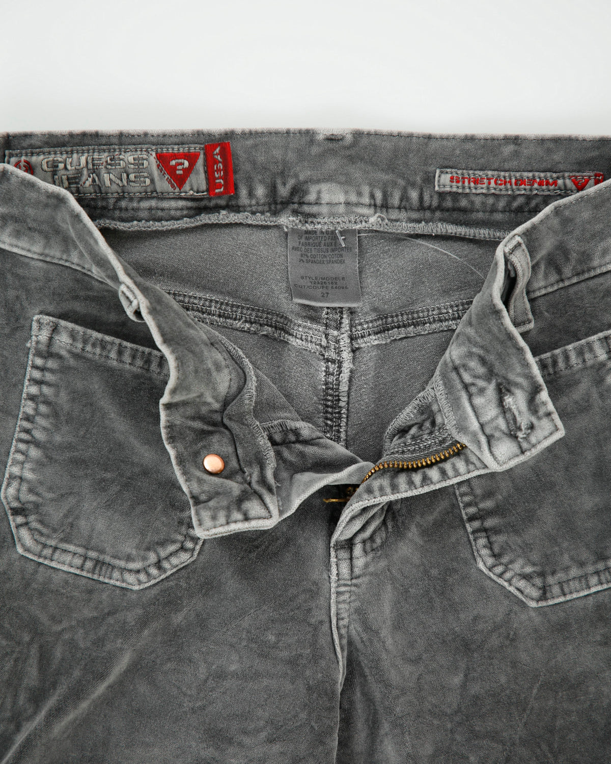 Vintage Y2K 00s Guess Jeans Women's Low Rise Velour Stretch Denim Made In USA Patch Pocket Bootcut Trousers - W27 L28