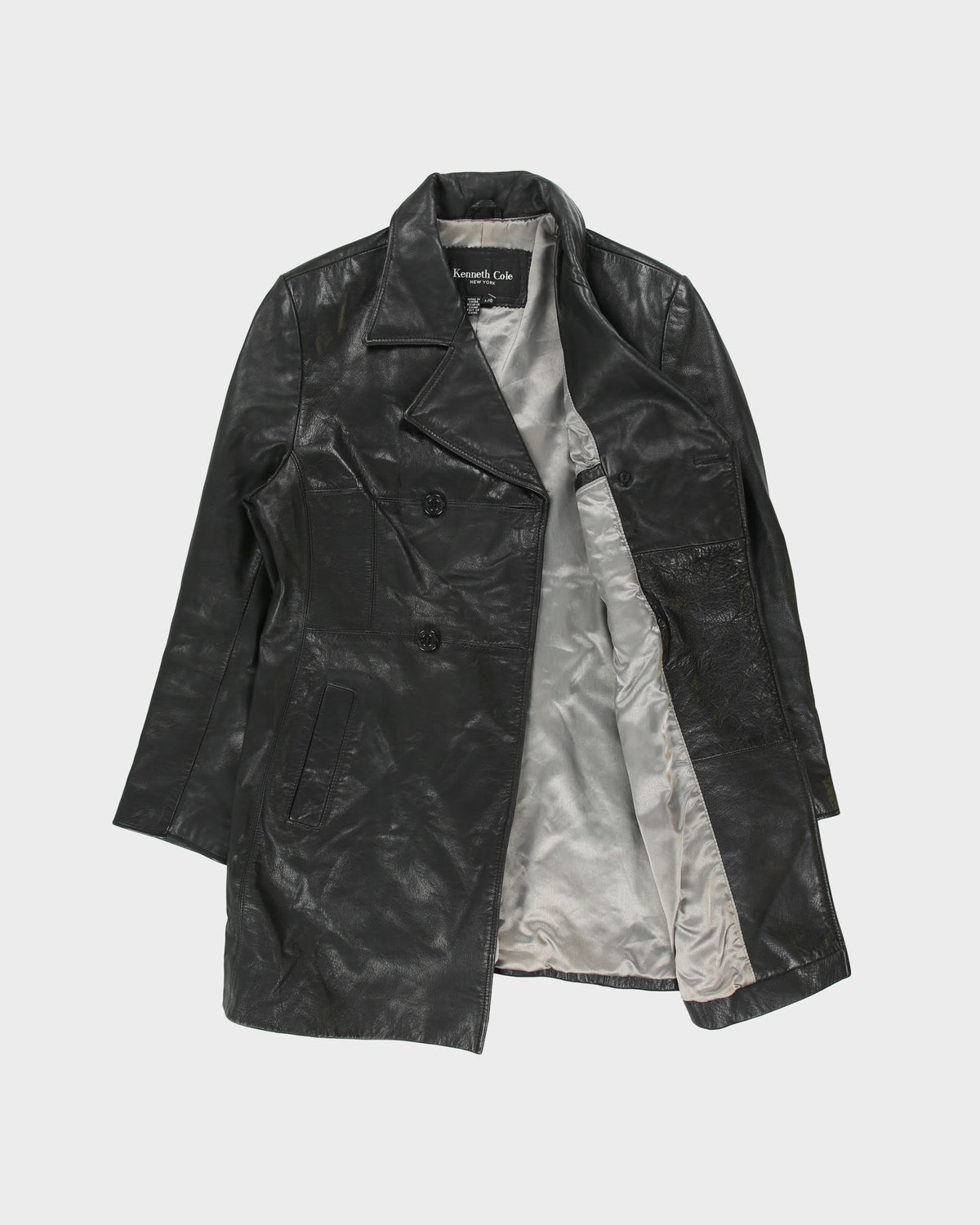 Vintage Y2K 00s Kenneth Cole NY Women's Leather Double Breasted Mid Length Trench Coat - L