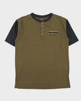 Vintage Y2K 00s Harley Davidson Khaki Made In America Heavyweight Embroidered Crewneck Henley T-Shirt - M