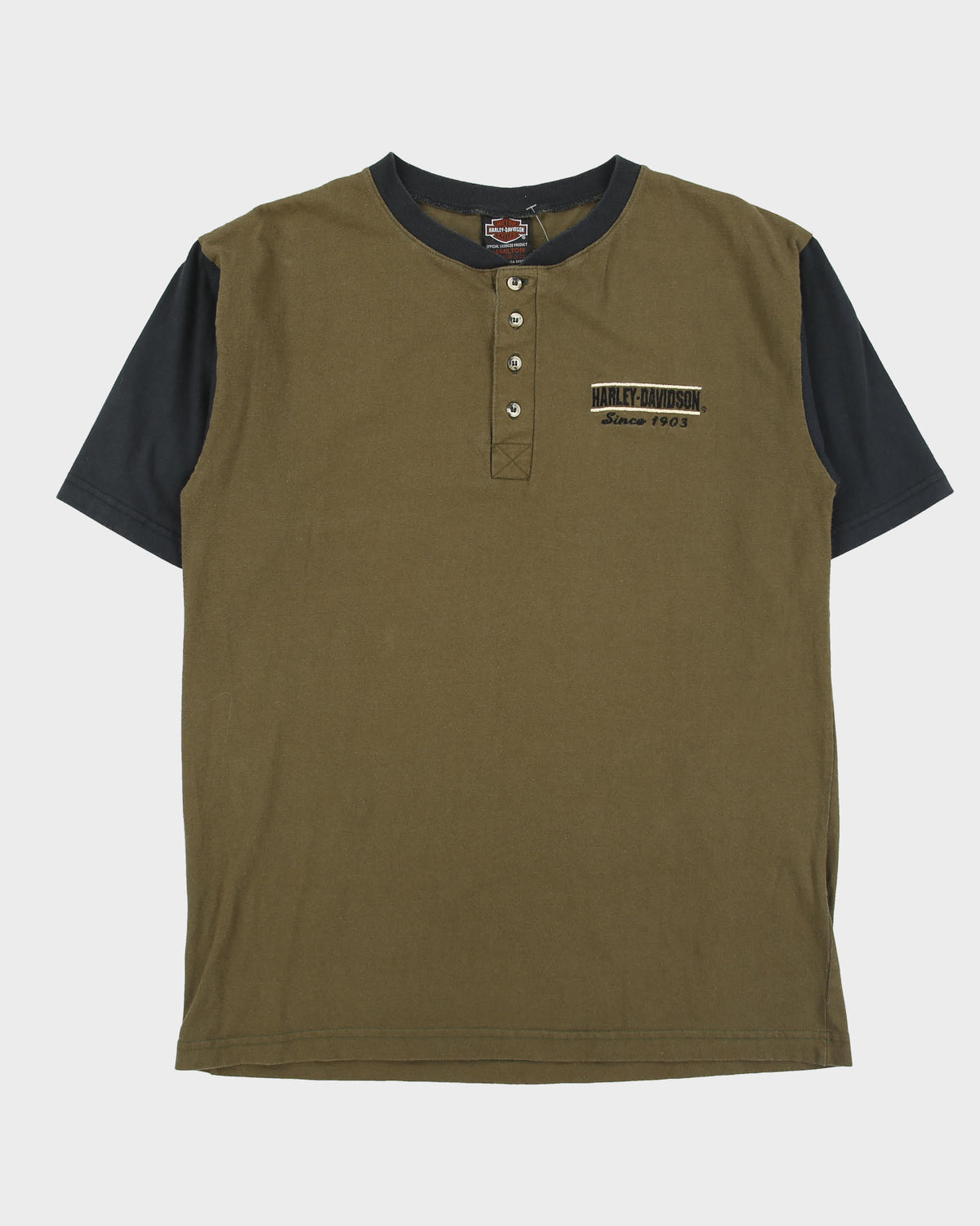 Vintage Y2K 00s Harley Davidson Khaki Made In America Heavyweight Embroidered Crewneck Henley T-Shirt - M