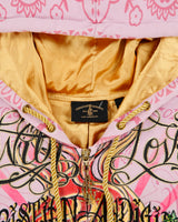 Vintage Y2K 00s Christian Audigier Women's Baby Pink With Love Rhinestone Embellished Long Fit Zip-Up Hoodie - M