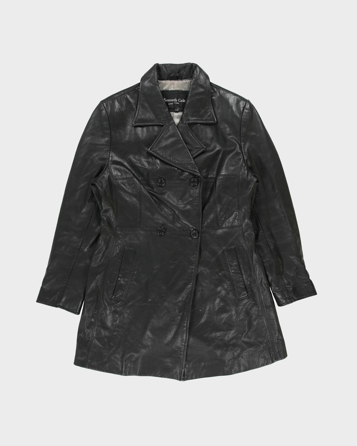 Vintage Y2K 00s Kenneth Cole NY Women's Leather Double Breasted Mid Length Trench Coat - L