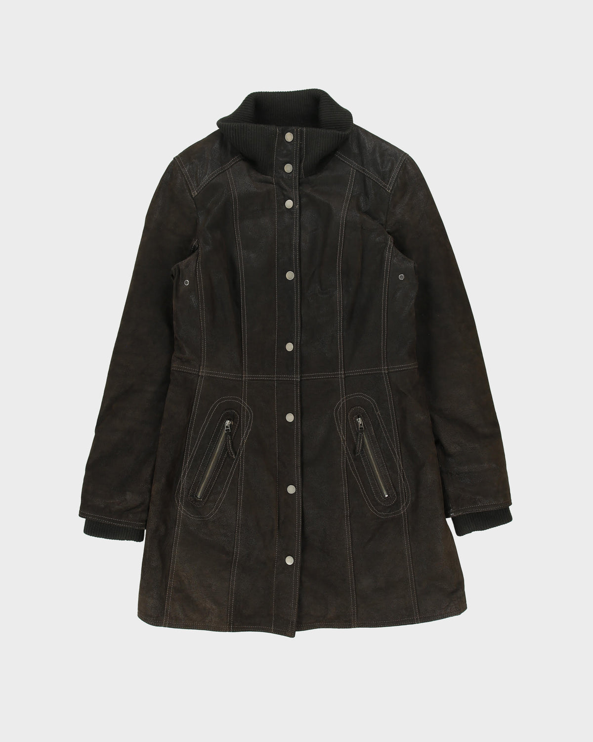 Vintage Y2K 00s Danier Women's Brown Suede Quilt Lined Contrast Stitch Funnel Neck Overcoat - M