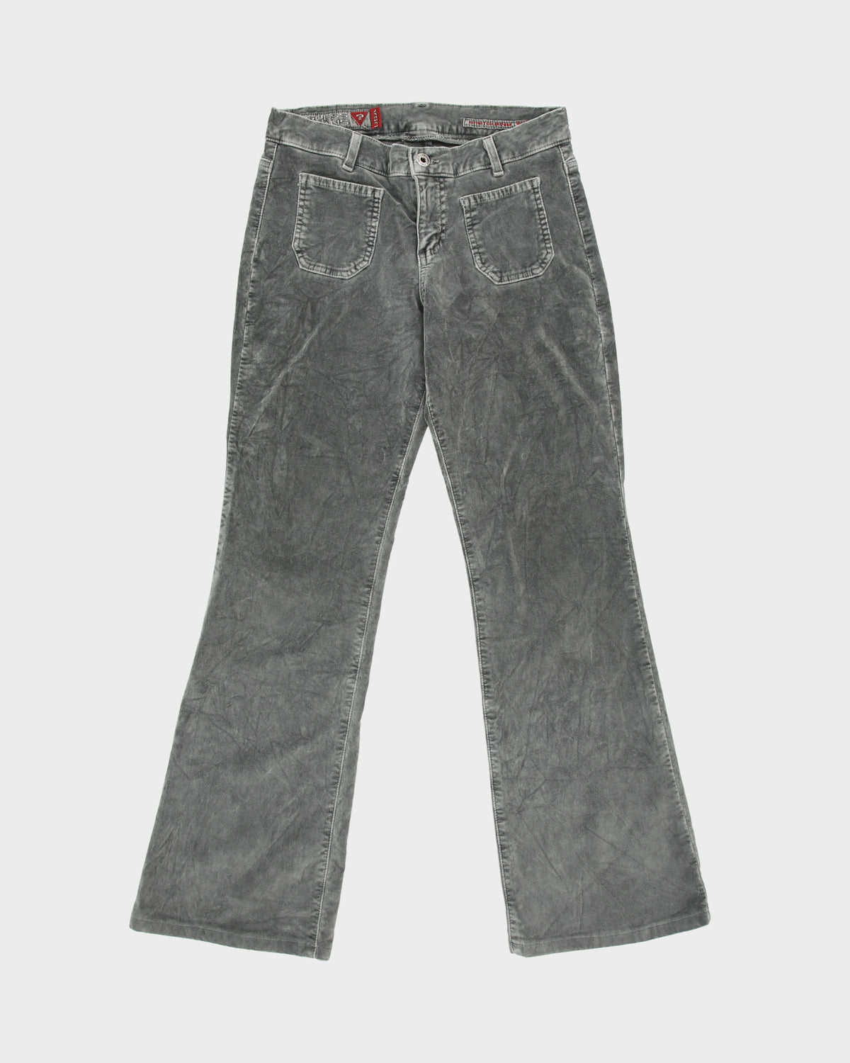 Vintage Y2K 00s Guess Jeans Women's Low Rise Velour Stretch Denim Made In USA Patch Pocket Bootcut Trousers - W27 L28