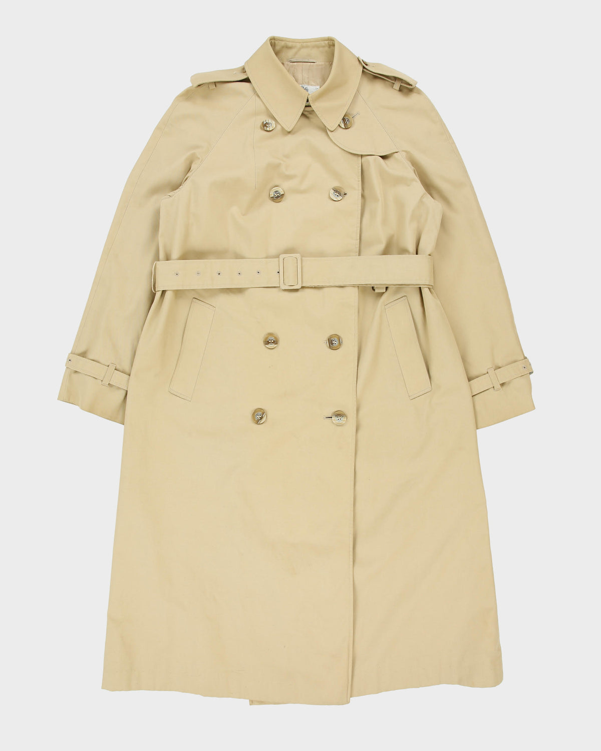 Vintage 1970s Aquascutum Women's Khaki Made In America Aqua 5 Waterproof Canvas Double Breasted Trench Coat - L